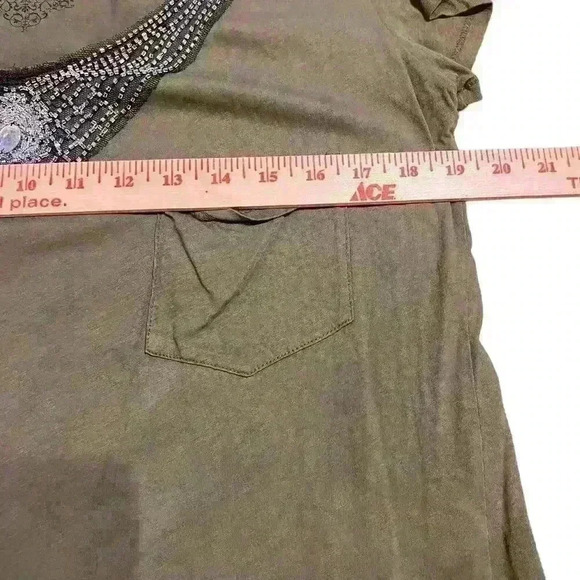 Awake Couture Green Beaded Embellished Blouse Top Size Large Short Sleeve Pocket - Picture 5 of 7